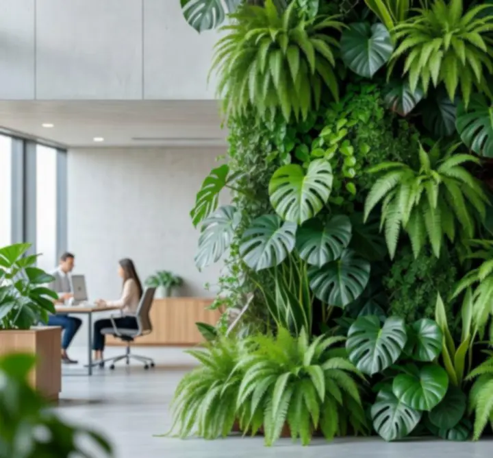 Ogród wertykalny w eleganckim biurze z dużą ilością naturalnego światła