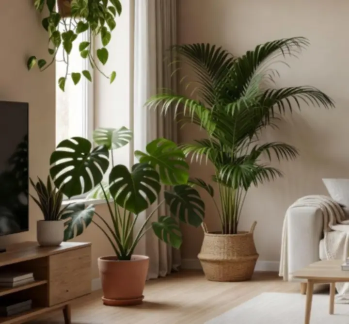 Salon klienta po metamorfozie z bujnymi roślinami i naturalnym światłem