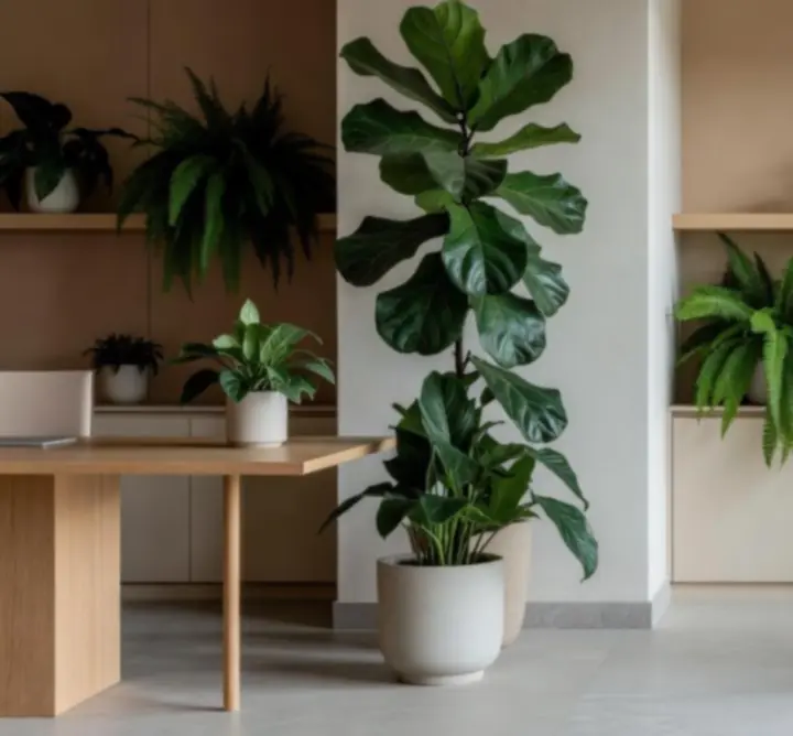 Nowoczesne, zielone wnętrze z bujnymi roślinami prezentujące realizacje Bloomoryxa