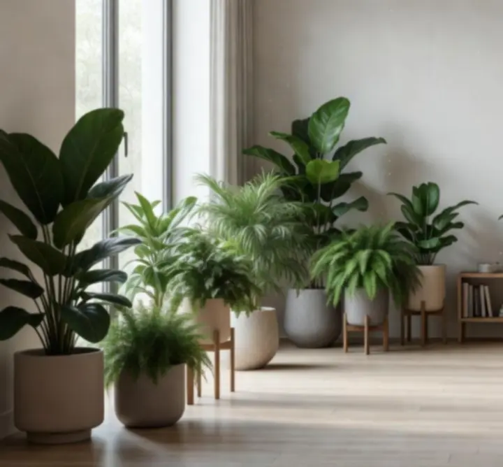 Nowoczesna aranżacja zieleni we wnętrzu biura z dużą ilością roślin i naturalnym światłem