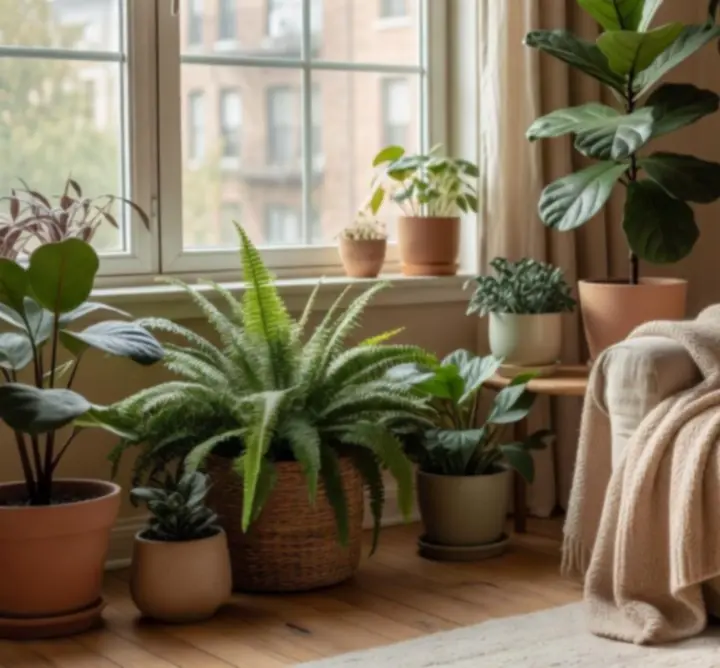 Przytulna strefa relaksu w apartamencie z otaczającymi roślinami