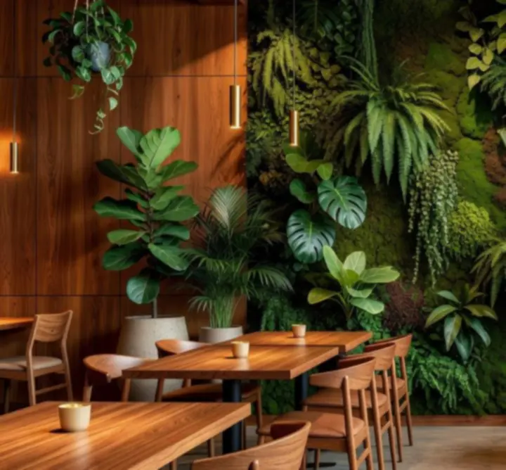 Restauracja z zieloną ścianą i roślinnymi dekoracjami