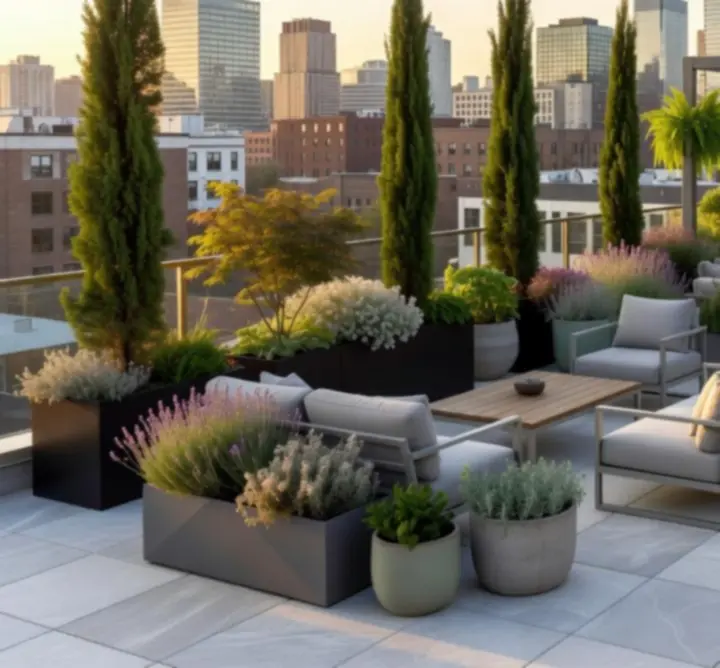 Taras miejski z roślinami w designerskich donicach