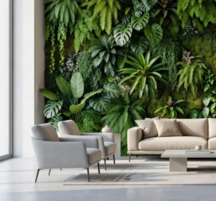 Nowoczesny salon z pionową zieloną ścianą i roślinną aranżacją