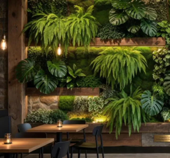 Pionowe ogrody w restauracji tworzące efektowną zieloną ścianę