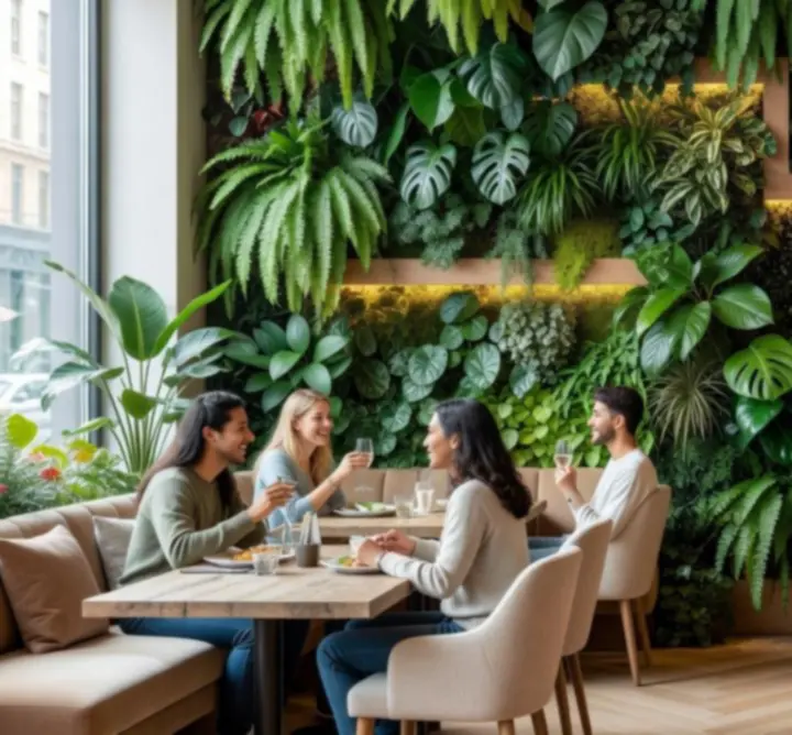Zielona ściana w restauracji z ogrodem wertykalnym